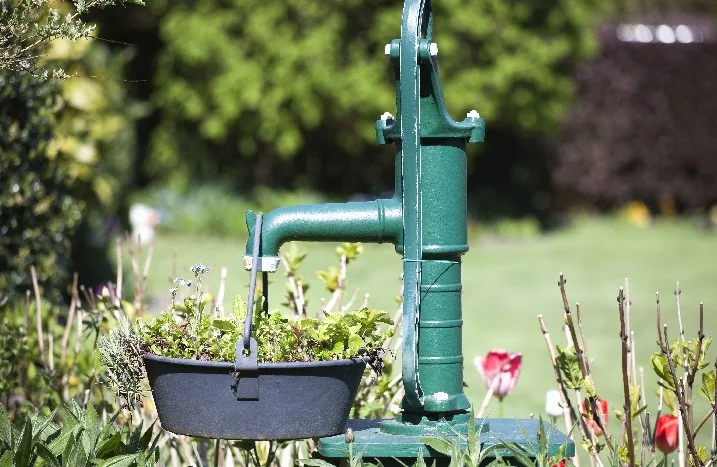 Grüne Gartenpumpe mit Blumentopf